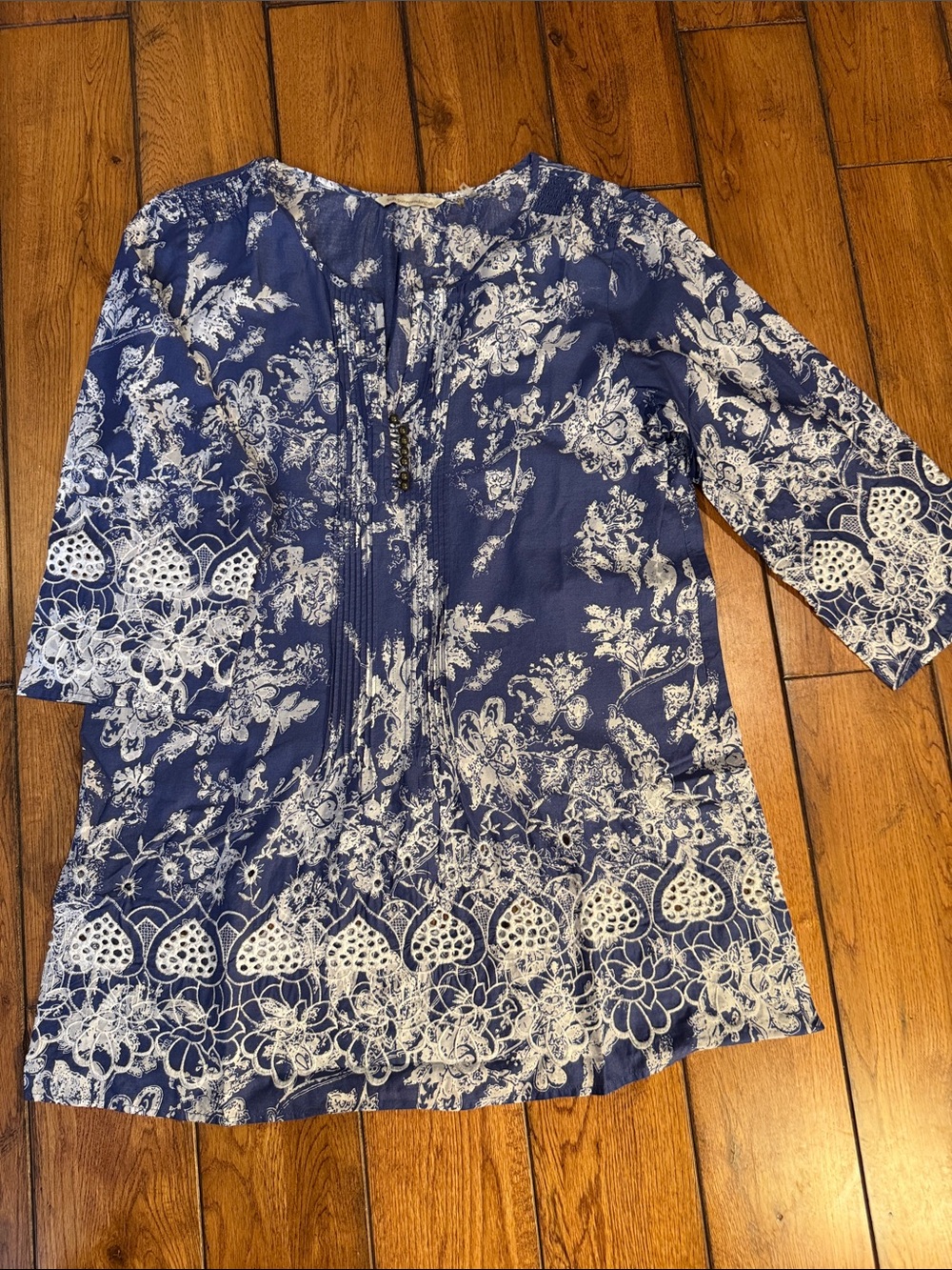Soft Surroundings Navy and White Floral Border Tunic